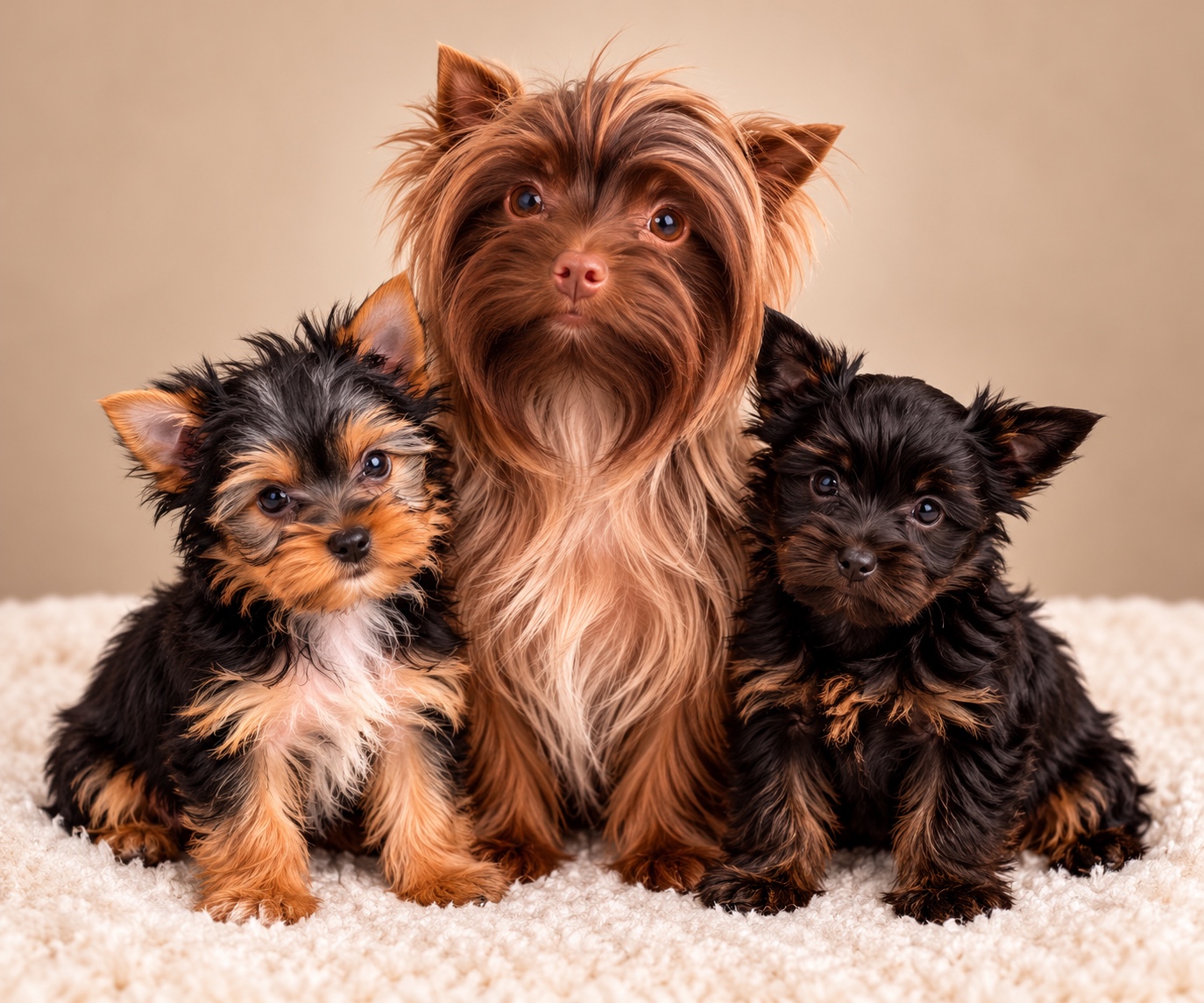 Yorkshire Terrier with two puppies